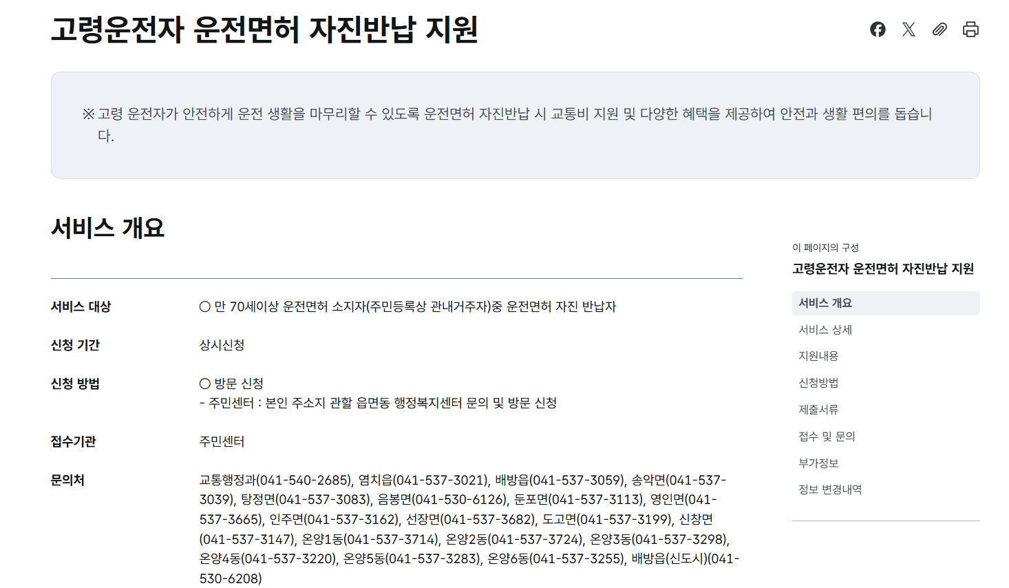  충청남도 아산시 고령자 운전면허 반납 지원금 나이 신청방법
