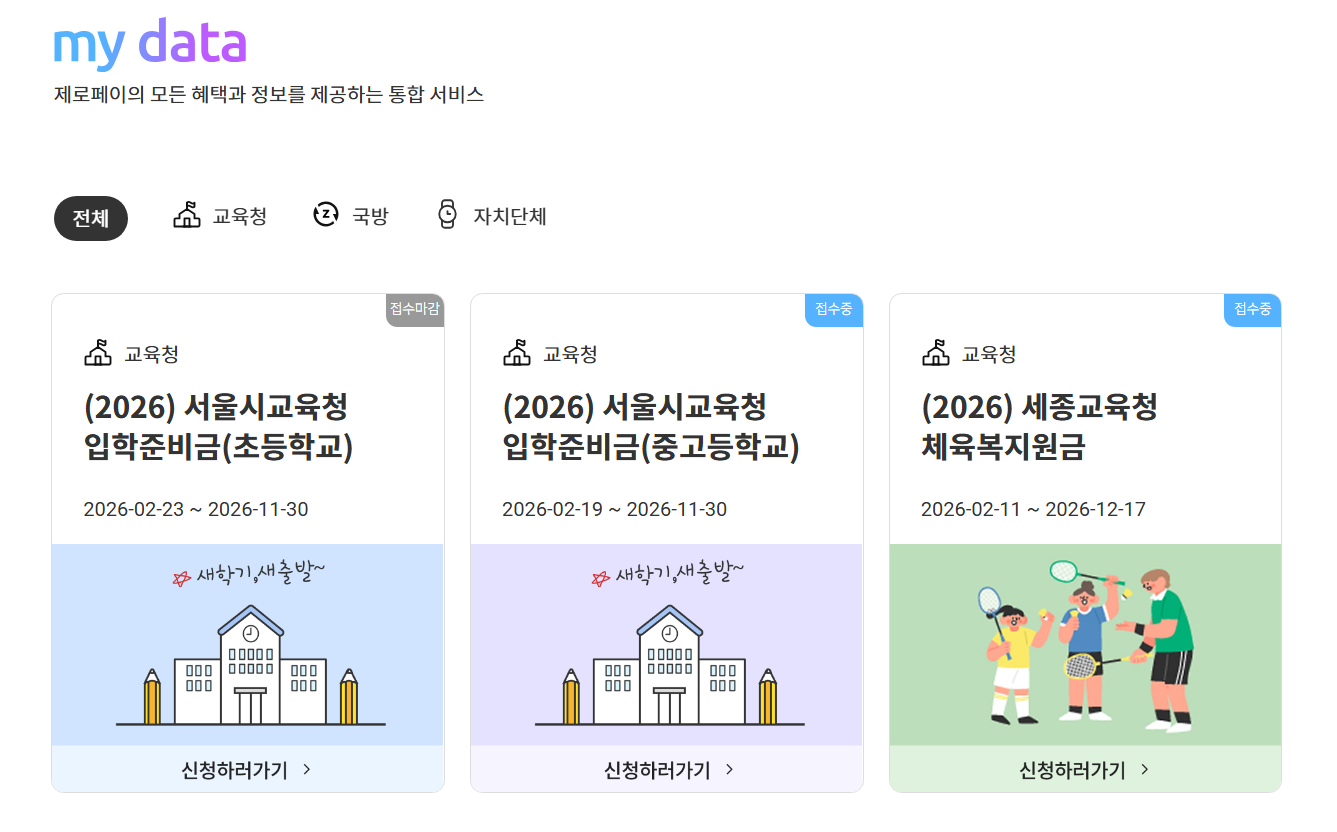 제로페이 마이데이터 앱 초등학교 입학준비금 신청